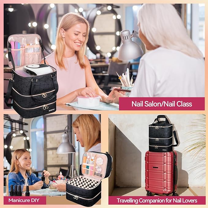 SIYNPAV Nail Polish Organizer Bag Holds 126 Bottles (15ml/0.5fl.oz)& Nail Lamp, 3 Layers Detachable Nail Kit Storage Case PU Leather, Large Travel Nail Supplies Shoulder Bag for Manicure Tools (Black)