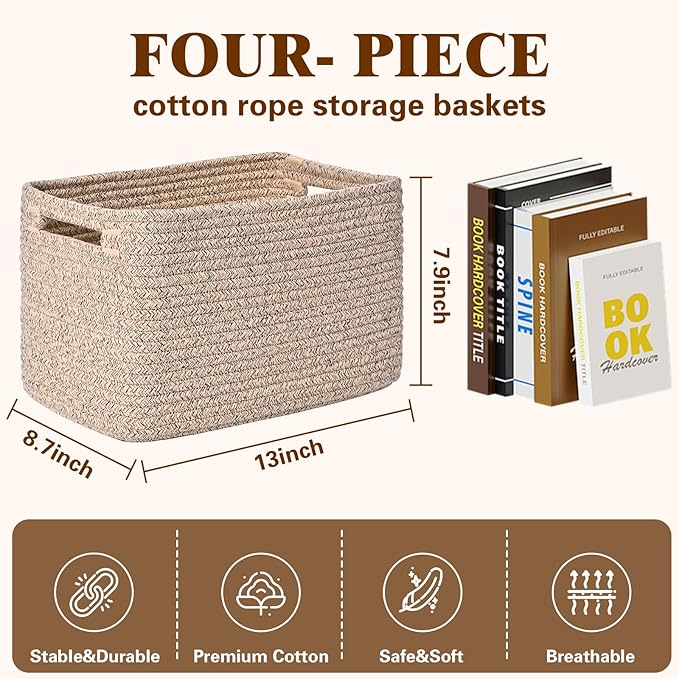 Storage Baskets for Organizing, 4 Pack Baskets for Shelves, Decorative Storage Bins for Shelves, Cotton Rope Storage Basket with Handles, Woven Basket for Storage, 13''Lx8.7''Wx7.9''H, Brown