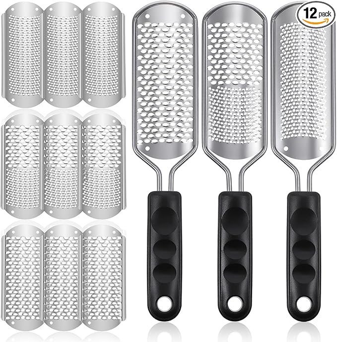 12 Pcs Foot File Callus Remover Replacement Blades Metal File Callus Remover Shaver Blades Hard Skin Remove Stainless Steel 2 Designs Big/fine Hole for Detachable Foot Scrubber