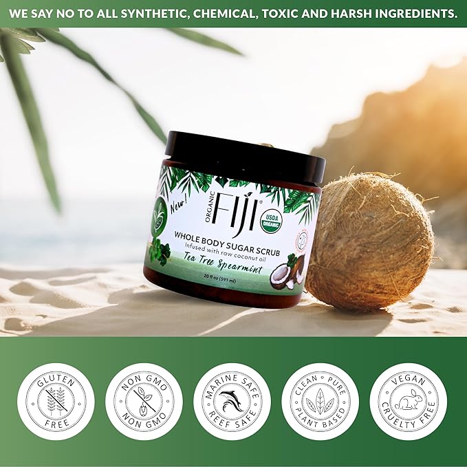 Organic Fiji Coconut Oil Infused Sugar Scrub for Face & Body 20-Ounces (20 Ounce (Pack of 1), Tea Tree Spearmint)