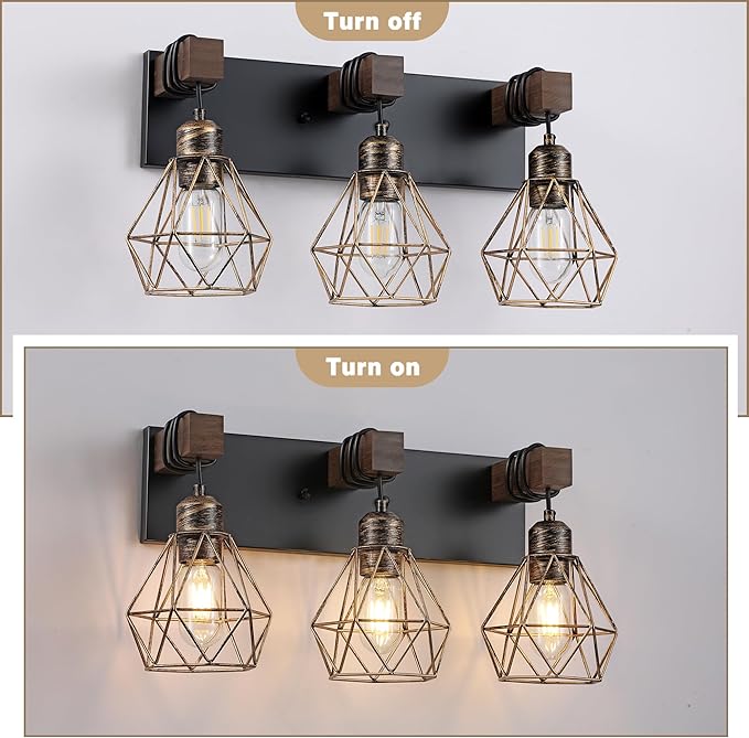Farmhouse Bathroom Vanity Light Fixtures, 3-Light Black Gold Bathroom Light Fixtures Over Mirror, Rustic Wood Sconces Wall Lighting with Elegant Metal Lampshade for Living Room, Bedroom, Hallway