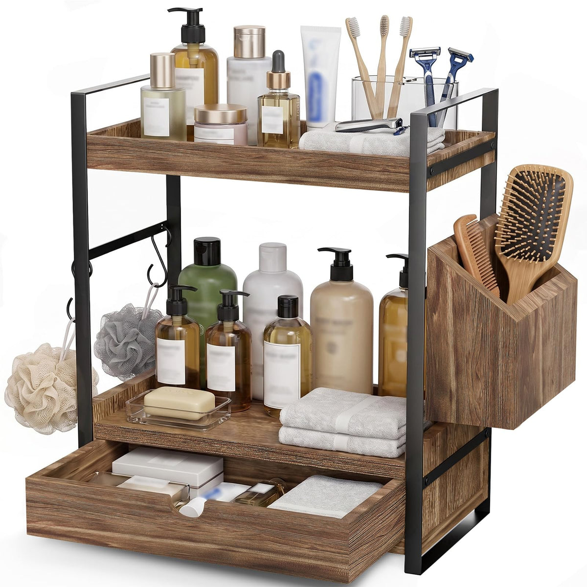 Kottwca 2-Tier Bathroom Counter Organizer with Drawer, Wooden Vanity Shelf