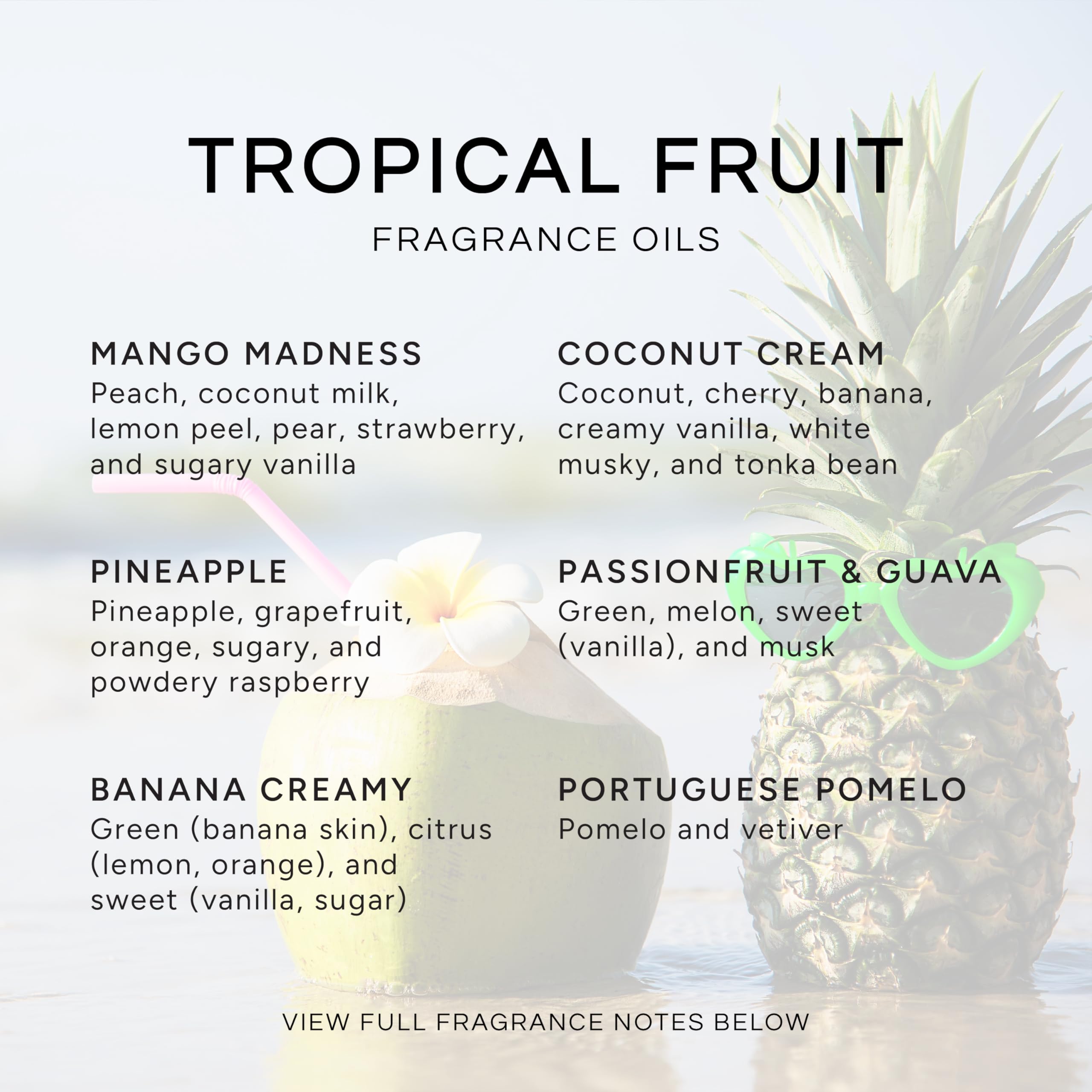 Eternal Essence Oils Tropical Fruit Set of 6 Premium Fragrance Oils - Includes Mango, Coconut Cream, Pineapple, Passion Fruit & Guava, Banana and Portuguese Pomelo Scented Oils - 10ML
