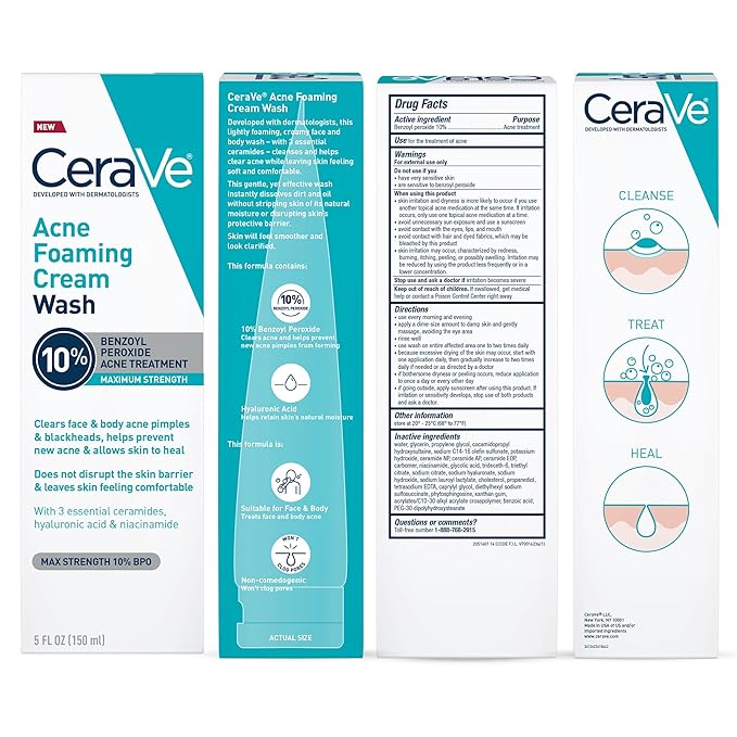 CeraVe Acne Foaming Cream Wash, 10% Benzoyl Peroxide Facial Cleanser, 5oz