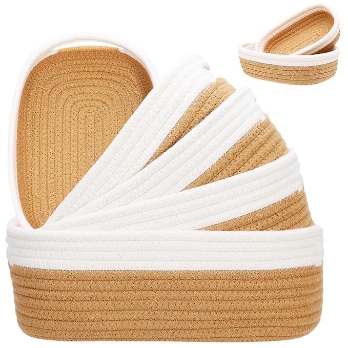 HLWDFLZ 7 Piece Cotton Rope Woven Basket Set - Small Basket for Baby Nursery, Pets, Montessori, Dog & Cat Toy Boxes, Bathroom Organization Bins (White/Jute)