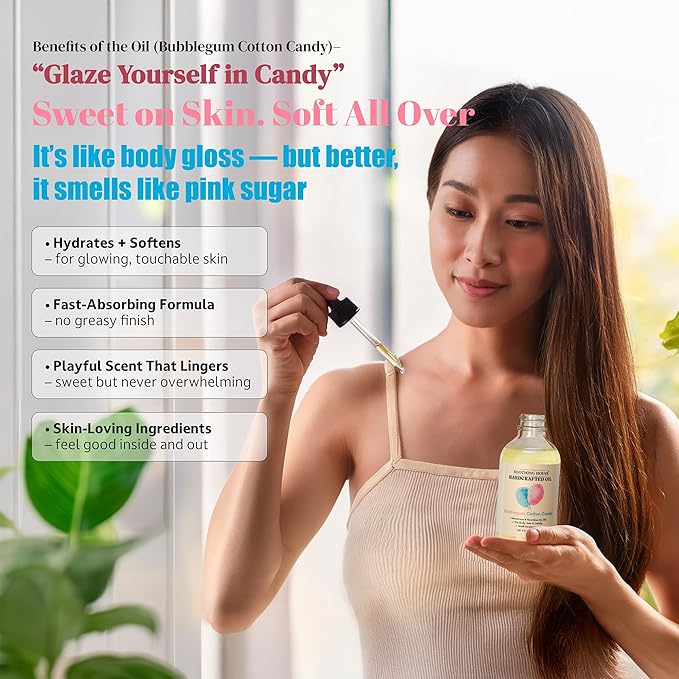 Soothing House Bubblegum Cotton Candy: Moisturizing Body Oil for Soft, Glowing Skin with Almond & Jojoba Oil (4 fl oz)