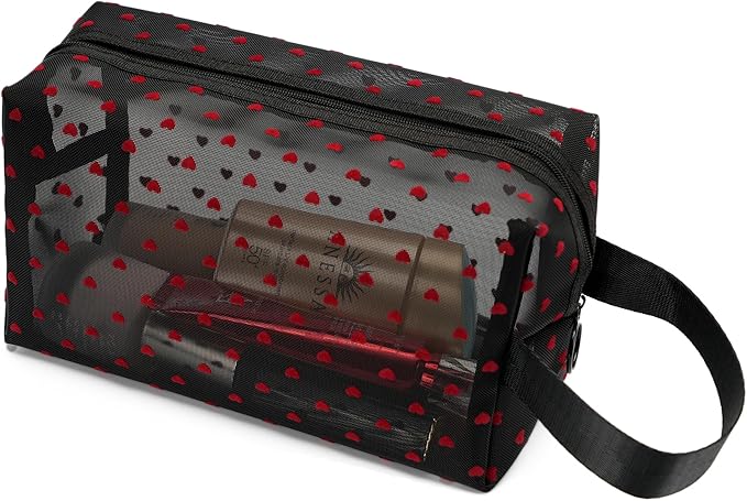 TOPASION Portable Mesh Makeup Bag with Zipper Small Travel Toiletry Bag Lightweight Cosmetic Pouch (Black&Red Heart with Handle)