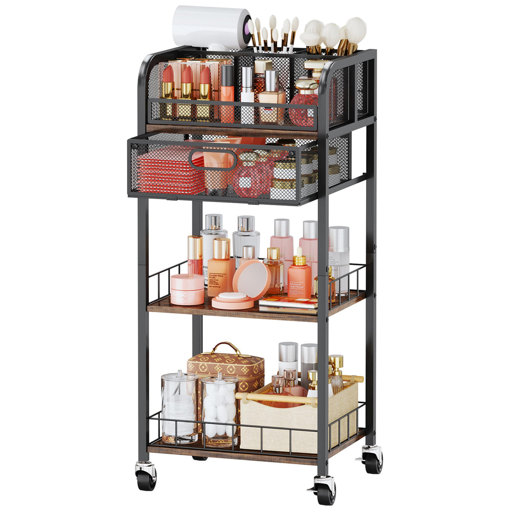 HapiRm Makeup Organizer Storage Cart - 4 Tier Skincare Make Up Storage with Drawer, Rolling Makeup Cart Vanity Organizer Cosmetics Display Cases Holder for Skin Care Perfume Nail Polish Brush