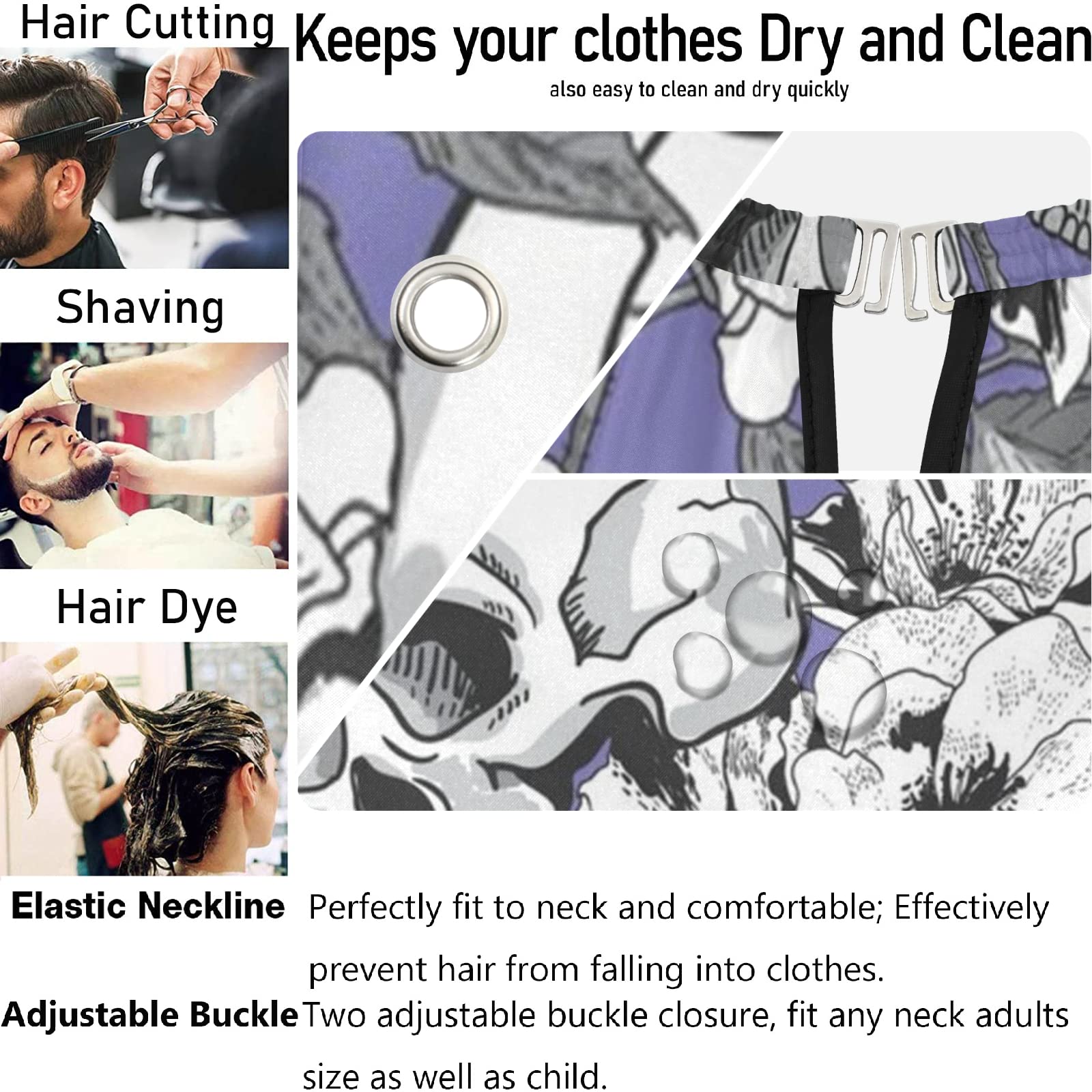 visesunny Barber Cape Purple Skull Polyester Hair Cutting Salon Cape Apron Anti-Static Haircut Water-Resistant Shaving Cloth Beard Shaving Bib Hairdressing Cape