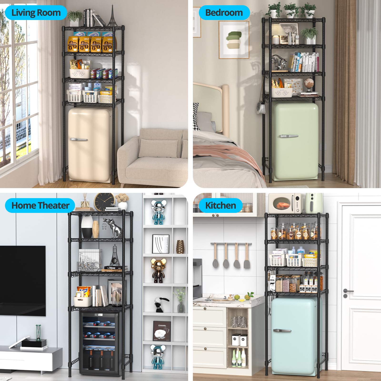 Hodonas Adjustable Mini Fridge Shelf, Black, 26.58" W x 20.28" D x 78.35" H