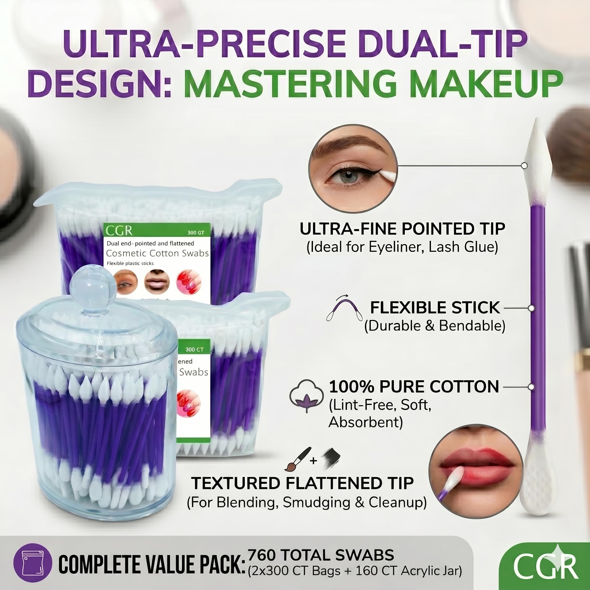 760pcs CGR Precision Cotton Swabs packed in Acrylic swab canister with Pointed and Flattened Tip, Cosmetic Makeup Applicator(160pcs in canister, 2x300pcs in bags) (760)