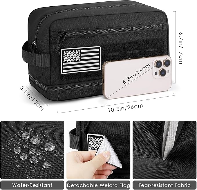 Tactical Toiletry Bag for Men, Travel Hygiene Bag with Double-layer, Large Capacity Hanging Toiletry Bags Water-Resistant Shaving Dopp Kit with EDC Molle Pouches, Bathroom Shower Makeup Bag, Black