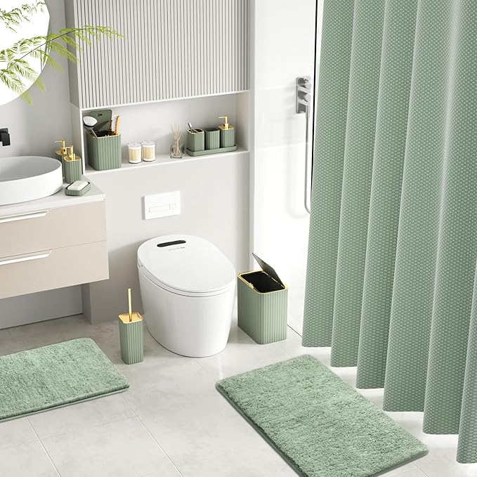 InnJoey Bathroom Set - Bathroom Sets with Shower Curtain and Rugs, Sage Green Bathroom Set, 27PC Bathroom Accessories Set, Mini Trash Can, Toilet Brush, Trash Can & Soap Dispenser