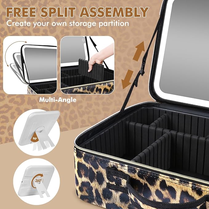 15''X11'' Large Makeup Bag with Removable Lighted Mirror, PU Leather
