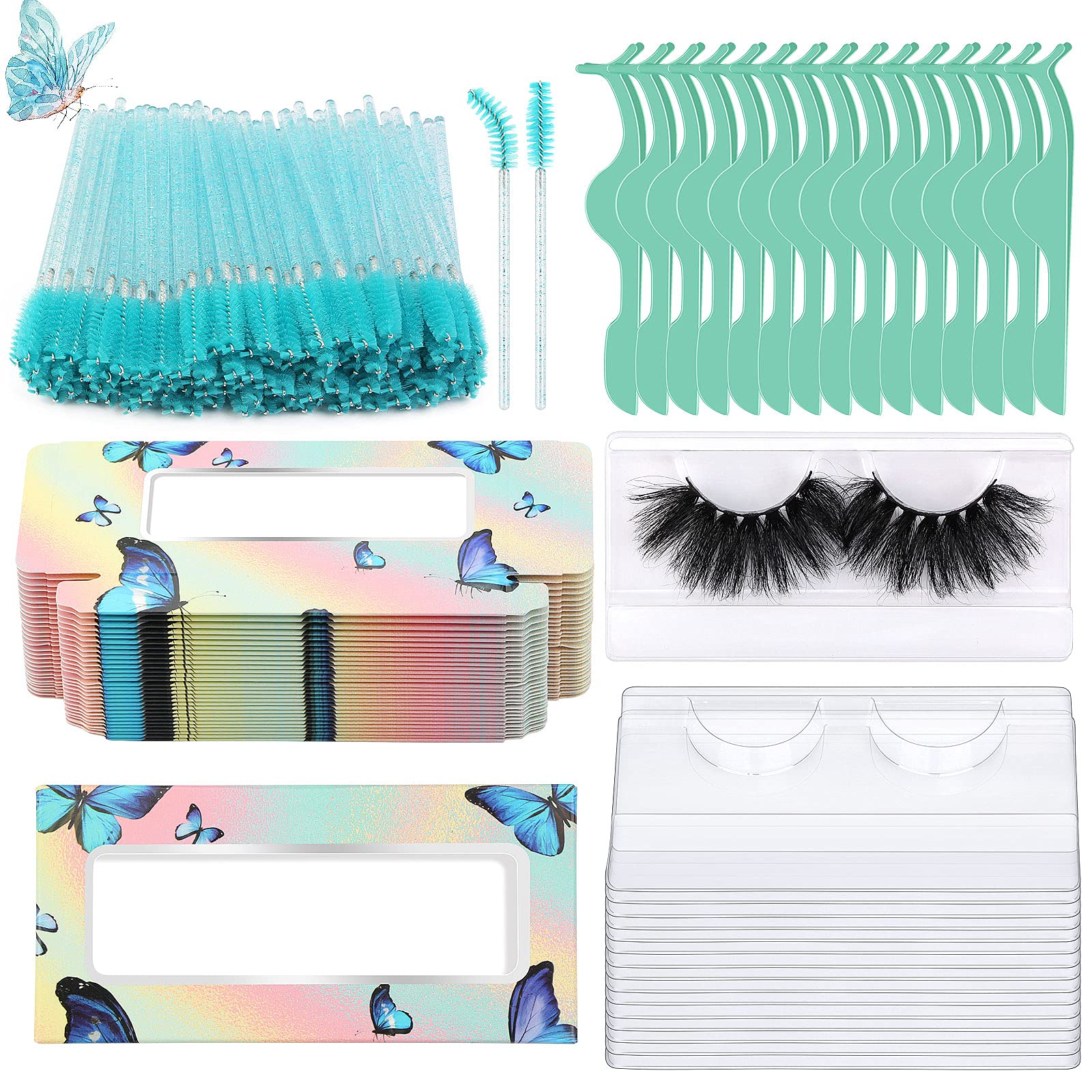 175 Pieces Lash Packaging Wholesale, Include 30 Empty Eyelashes Packaging Box, 30 False Lash Trays, 15 Eyelash Tweezers and 100 Eyelash Brush Mascara Wands Disposable (Green)
