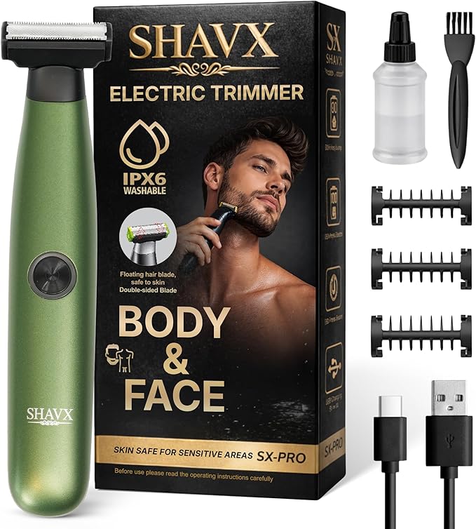 Electric Body Hair Trimmer & Beard Shaver for Men – Pubic & Groin Hair Ball Groomer – Skin-Safe for Sensitive Areas, Chest & Legs – Dual Blade Wet/Dry IPX6 Waterproof, Rechargeable with 3 Guide Combs
