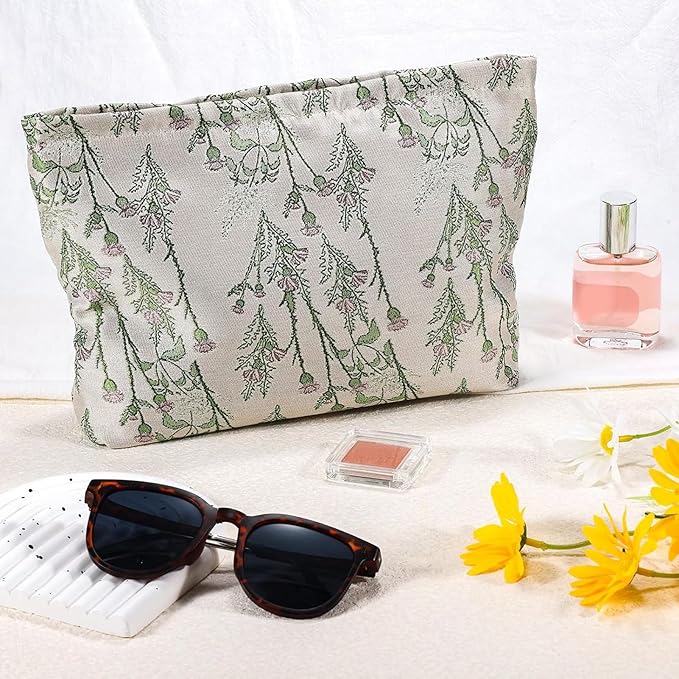 URSKYTOUS Flower Makeup Bag Travel Large Cosmetic Bag for Women Cute Leaf Makeup Pouch Zipper Cosmetic Pouch for Purse Aesthetic Green Floral Skincare Organizer Portable Toiletry Bag