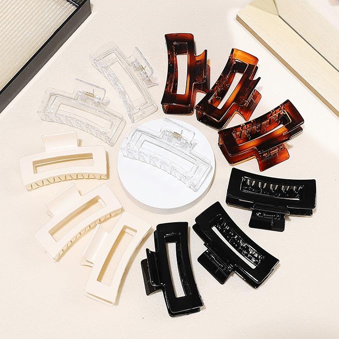 Sisiaipu 3.5 Inch Medium Square Claw Hair Clips, 12 Pcs Transparent, Amber, Glossy Black for Thick and Thin Hair - Hair Accessories for Women and Girls