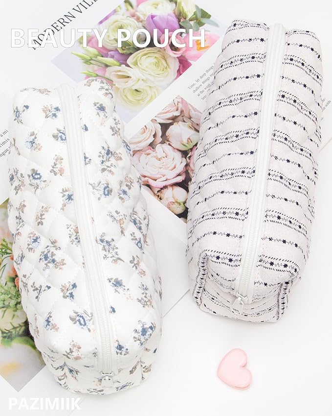 PAZIMIIK Small Quilted Makeup Bag,Zipper Cosmetic Pouch,Gauze Hyacinth