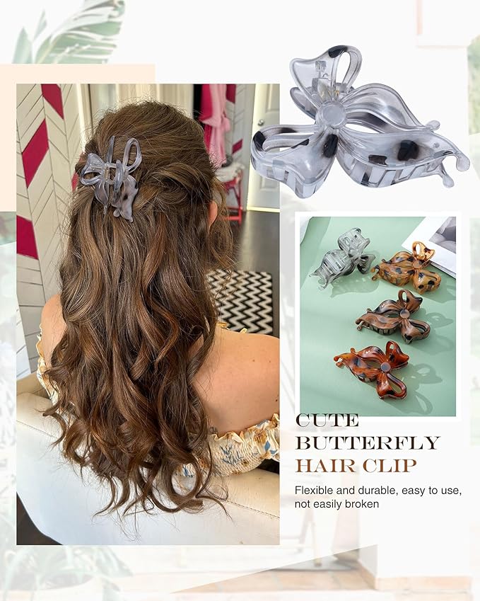 4 PCS Bow Hair Clips Bow Claw Clip for Women, Large Hair Claw Clips for Thin Thick Hair (Leopard(Deep coffee+light yellow+orange+light gray))