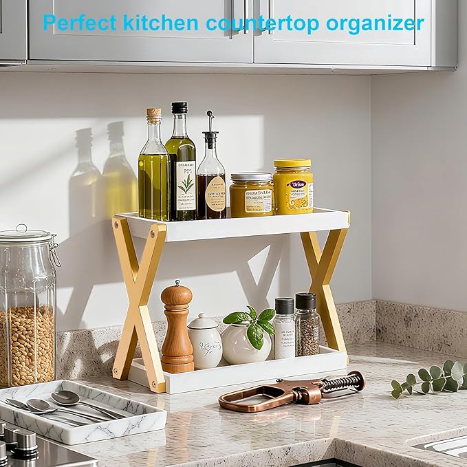 DUICIRX Bathroom Counter Organizer, Wooden Sink Shelf for Vanity Storage, Storage Organizers for Bathroom, Kitchen, Dresser (Gold-White)