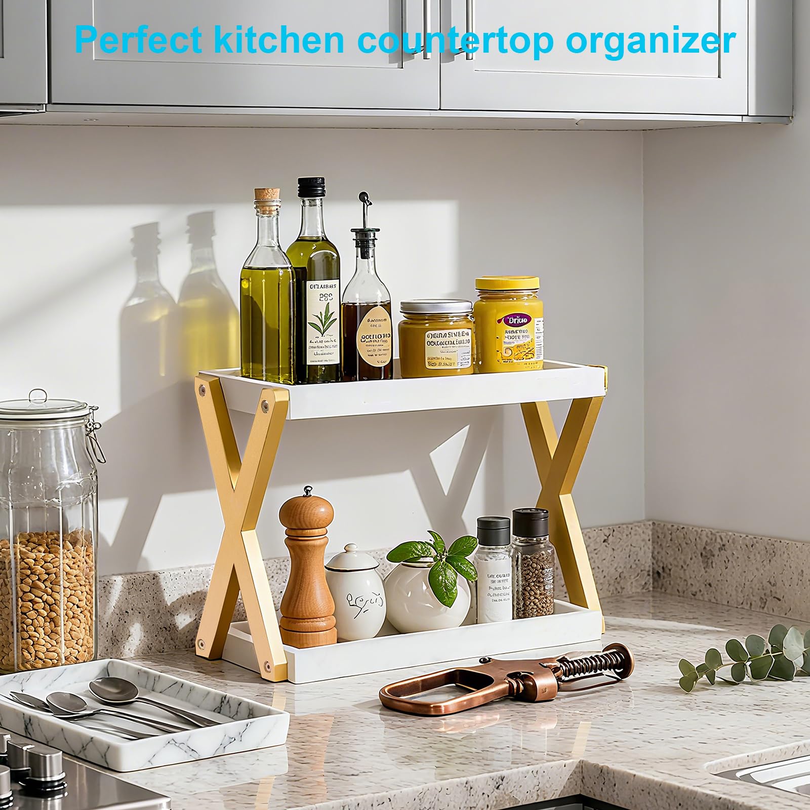 DUICIRX Bathroom Counter Organizer, Wooden Sink Shelf for Vanity Storage, Storage Organizers for Bathroom, Kitchen, Dresser (Gold-White)