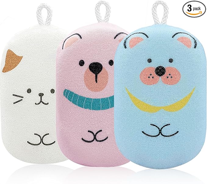 JieLiLeHome Baby and Kids Bath Loofah Sponge, Soft and Absorbent Toddler Exfoliating Body Scrubber Shower Loofa Sponge,Cute Pattern Design for Kids Baby Women Boys and Girl, 3 Pack (Bear/Dog/Cat)