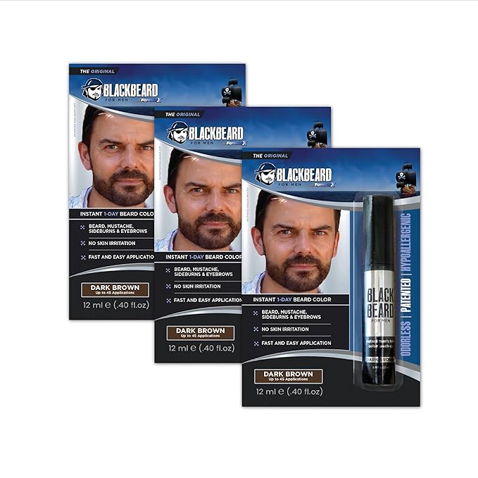 Blackbeard for Men Beard Color – 1-Day Beard, Mustache, Eyebrow, Sideburns Color – Temporary Facial Hair Tint - Hypoallergenic Beard Dye Alternative – Up to 45 applications – Dark Brown, 3 Pack