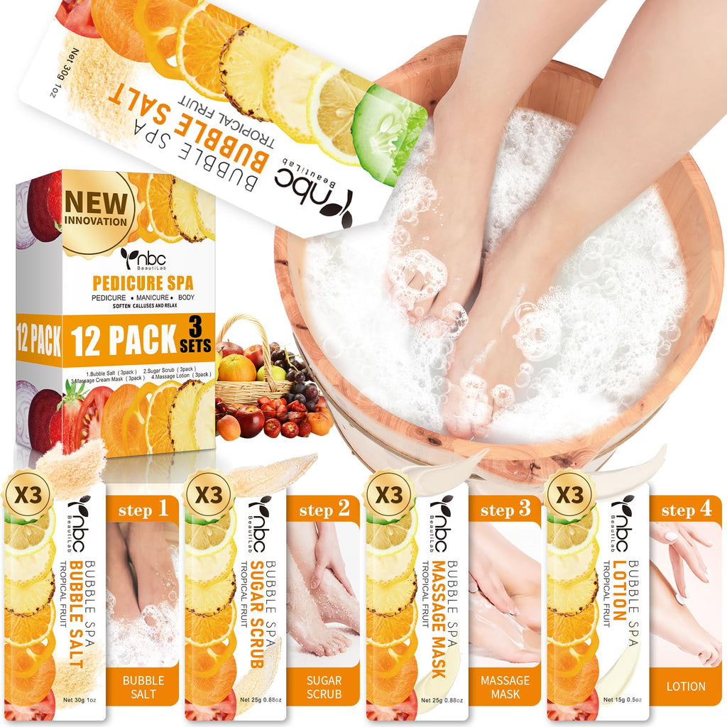 nbc BeautiLab Pedicure Kit Foot Soak Set: Bubble Salt, Sugar Scrub, Massage Mask, Massage Lotion in a Box, 4 Step Foot Spa Kit for Dry Feet,Tired Feet（3 Set Tropical Fruit)
