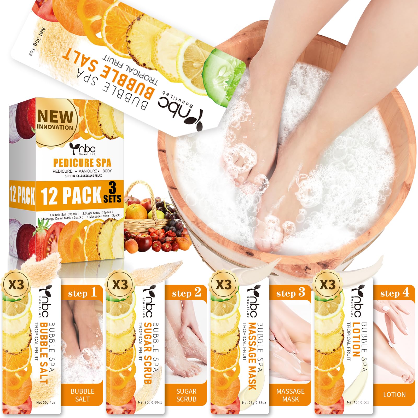 nbc BeautiLab Pedicure Kit Foot Soak Set: Bubble Salt, Sugar Scrub, Massage Mask, Massage Lotion in a Box, 4 Step Foot Spa Kit for Dry Feet,Tired Feet（3 Set Tropical Fruit)