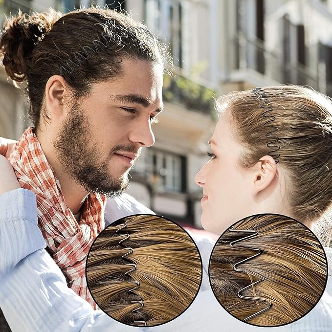 Metal Headband for Men, Wire Headbands for Women, Adjustable Unisex Hair Band with Wavy Design, Black Elastic Sports Headband for Daily Use, Outdoor Sport & Gifts (2PCS)
