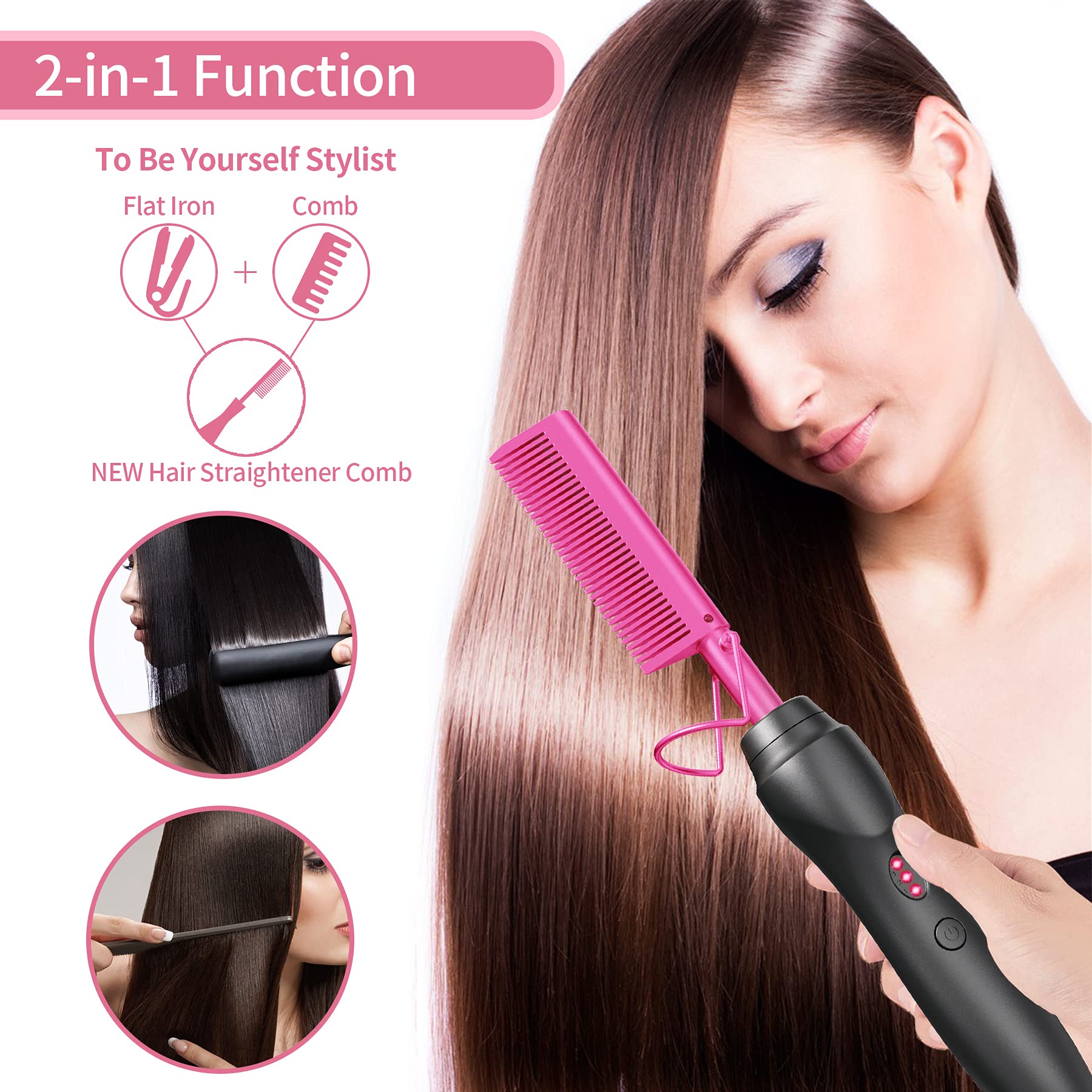 Hot Comb Hair Straightener Pressing Combs - Ceramic Electric Hair Straightening Comb, Curling Iron for Natural Black Hair Beard Wigs Holiday Gift - Pink