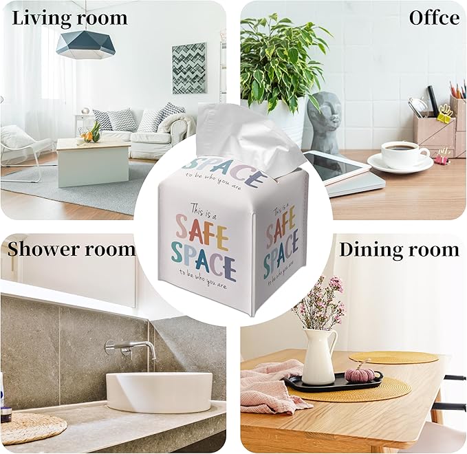 Grace Yonks Cute Tissue Box Cover Square - “This is a Safe Space” Affirmation Design 5.2" PU Leather Holder for Vanity, Desk, or Bathroom Counter - Cube Case for Facial Tissues(019)