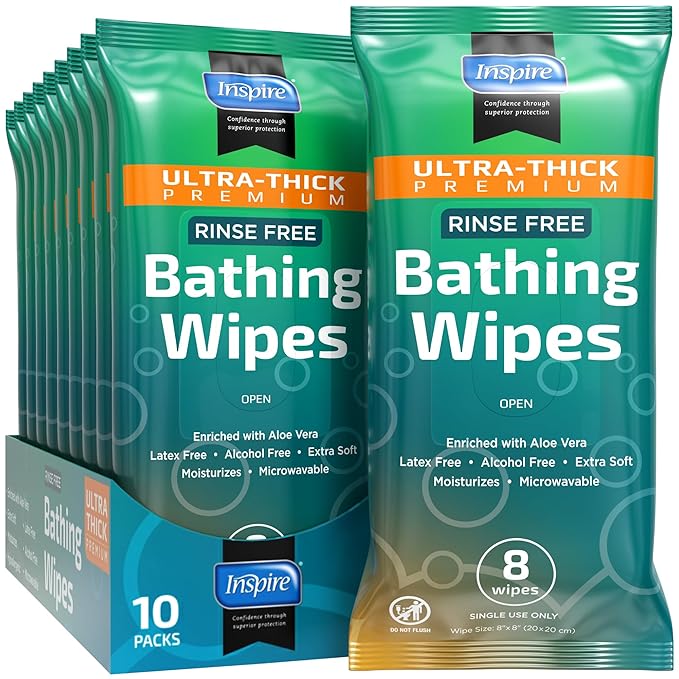 Inspire Ultra Thick Rinse Free Body Wipes, Bathing Wipes, Rinse Free Wet Wipes, Thick Strong Extra Large With Aloe Vera Enriched