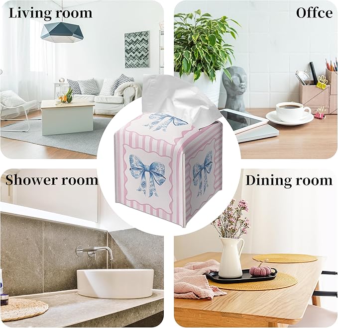 Grace Yonks Cute Tissue Box Cover Square - Pink Stripe and Blue Bow Design 5.2" PU Leather Holder for Vanity, Desk, or Bathroom Counter - Cube Case for Facial Tissues(001)