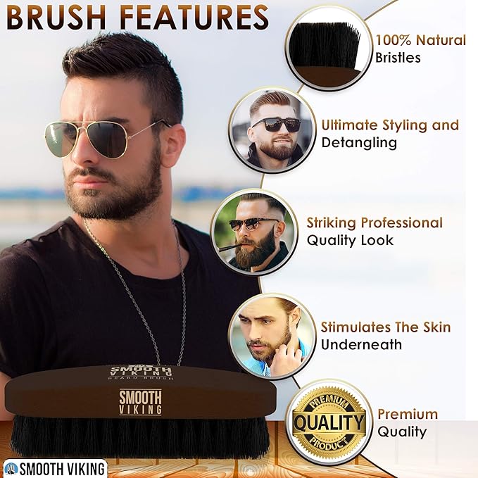Smooth Viking Beard Brush for Men & Beard Comb Set - Beard Kit for Men with Natural Boar Bristle Barber Brush & Wooden Comb, Facial Hair Grooming & Shaping Tool Gift Set for Hair Products - Brown