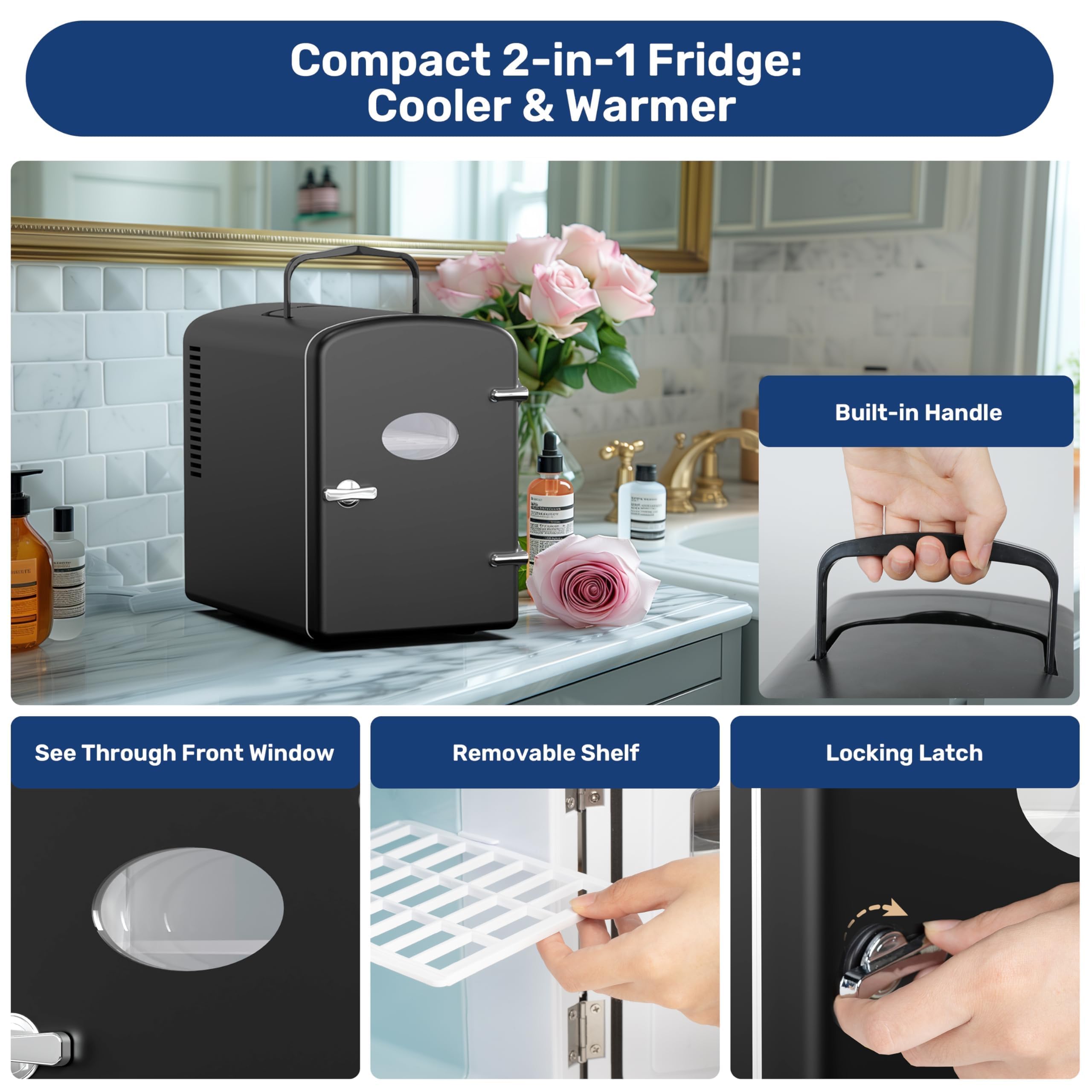 YSSOA 4L/6 Can Portable Mini Fridge with Observation Window, Compact Cooler & Warmer Freon-Free Small Refrigerator, for Skincare, Beverage, Food, Cosmetics, Black