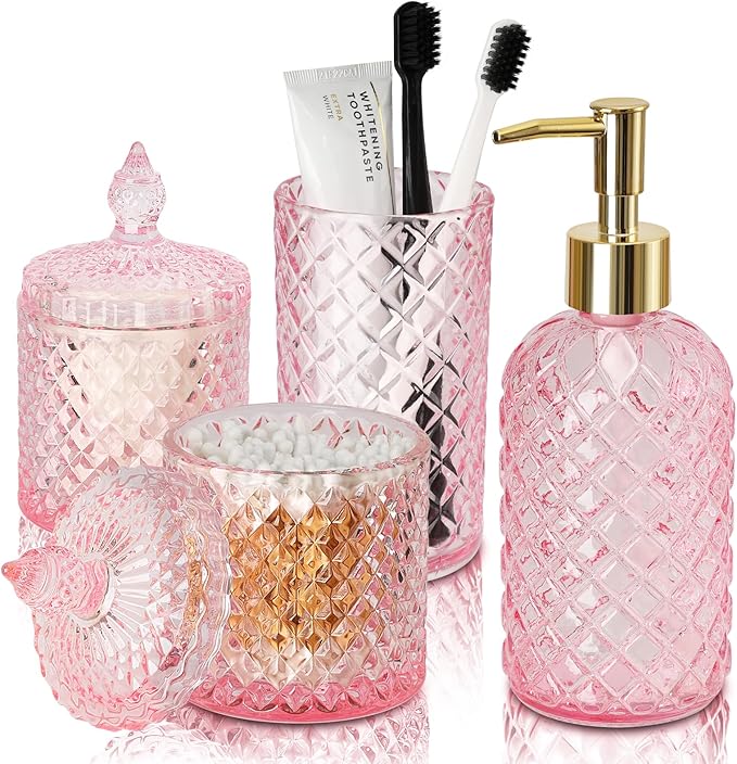 RYTOXILO Green Bathroom Accessories Set, 4 Pack Olive Green Bathroom Decor Accessory Sets Complete, Diamond Glass Soap Dispenser and Toothbrush Holder Set for Bath Counter Organizer Essentials