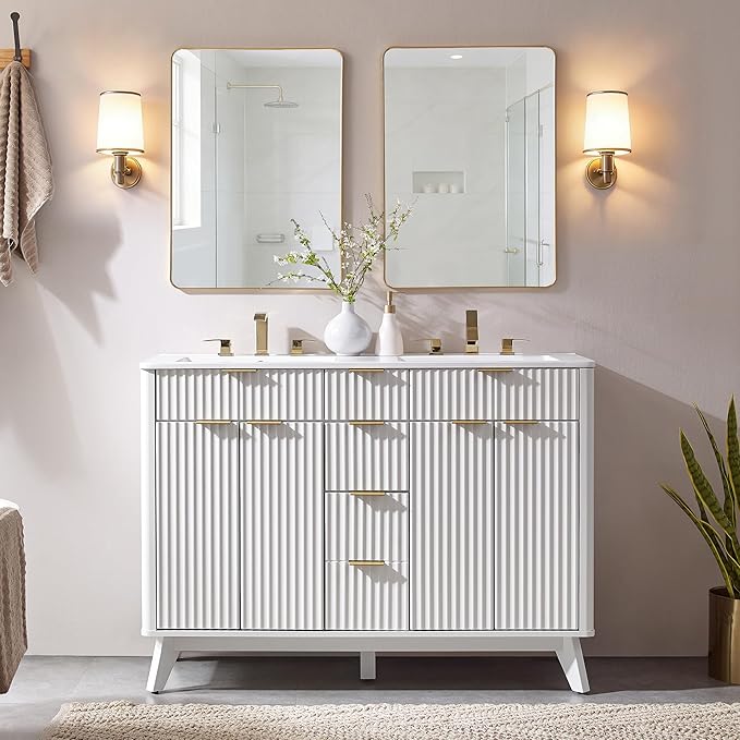 T4TREAM 48" Fluted Bathroom Vanity with Resin Sink Combo，Freestanding Modern Bathroom Storage Vanity Cabinet with Soft Closing Doors & 2 Drawers，Wood Grain Texture，Metal Handle，White