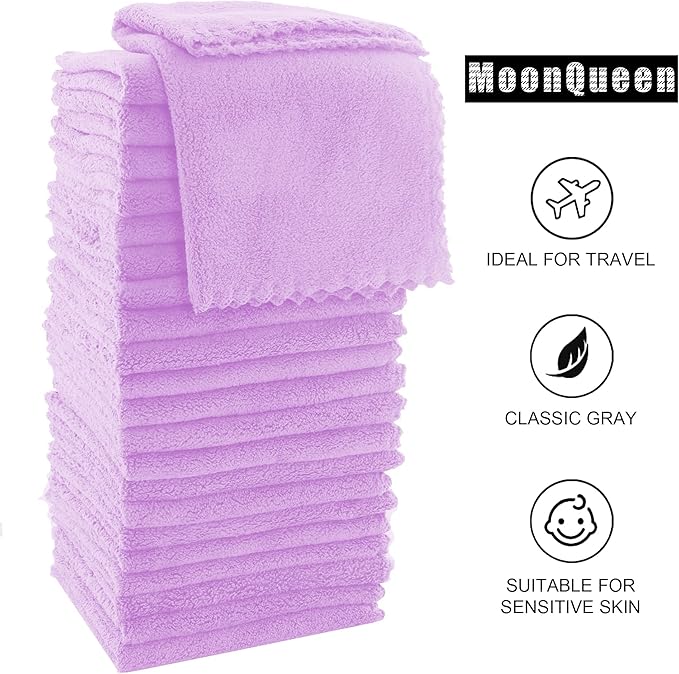 MOONQUEEN Ultra Soft Premium Washcloths Set - 12 x 12 inches - 72 Pack - Quick Drying - Highly Absorbent Coral Velvet Bathroom Wash Clothes (Purple)