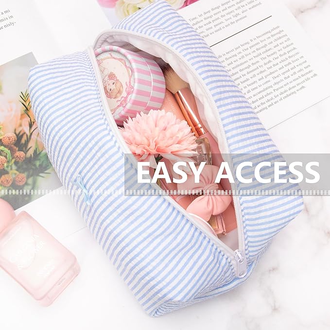 PAZIMIIK Cozy Makeup Bag for Women,Zipper Cosmetic Pouch,Stripe Blue,2 Pack