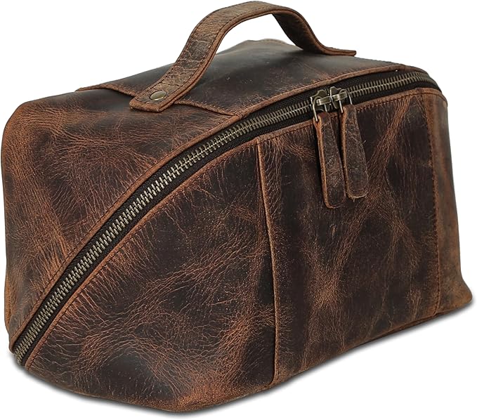 KomalC Luxury Leather Men’s Toiletry Travel Bag – Handmade Shaving Kit with Waterproof Interior, Spacious Storage & Carry Handle – leather travel Kit Bag for Men & Women