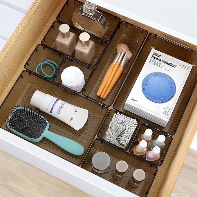 28 PCS Clear Plastic Drawer Organizers Set, 4 Size Desk Drawer Organizer Trays for Makeup, Jewelry, Kitchen Utensils, Gadgets and Office Accessories, Black