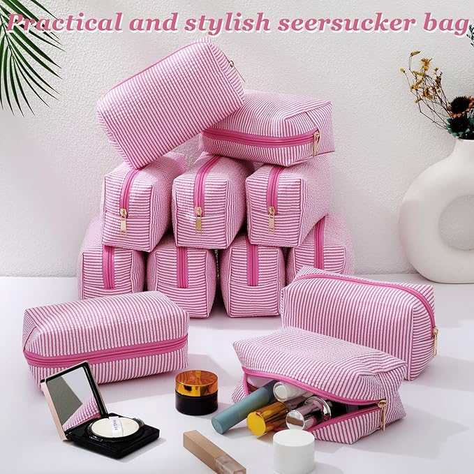 Sanwuta 12 Pcs Seersucker Cosmetic Bags Bulk Seersucker Makeup Bags Stripe Women Pouch Large Preppy Storage Pouch Toiletry Travel for Wedding Bridesmaid Bride Favor Back to Teacher Gift (Pink)