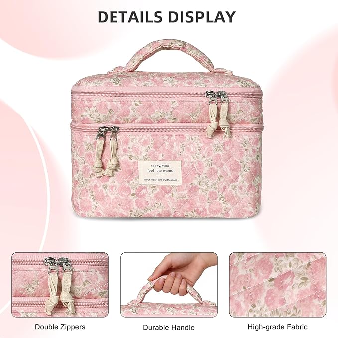 Gosect Makeup Bag, Portable Travel Make up Bag, Large Capacity Quilted Cosmetic Organizer Bag, Cute Floral Toiletry Bag for Women Girls (Pink Floral)