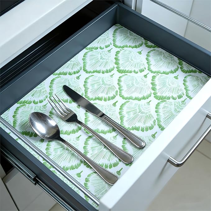 Shelf and Drawer Liner, 17in x 20FT Double Layer PVC Non-Adhesive Non-Slip Waterproof, Green Leaf for Kitchen Cabinets, Pantry, Bathroom, Dresser with Knife and Tape Measure