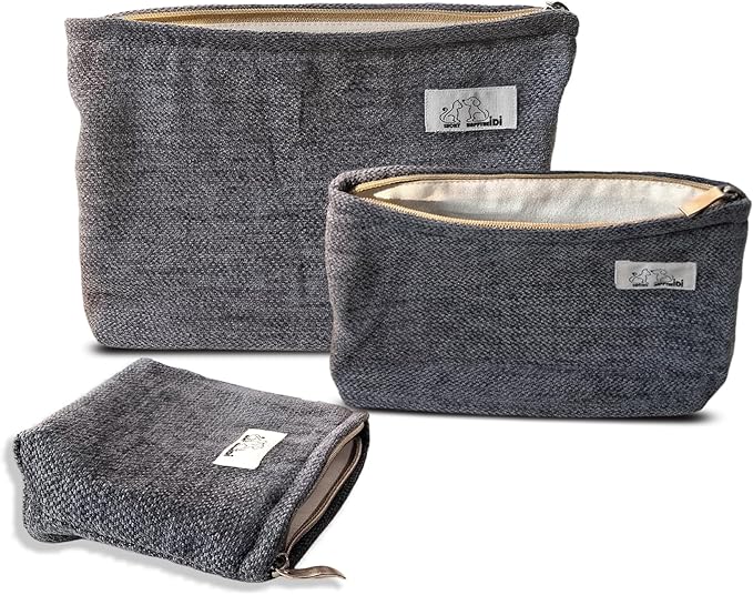 HAPPYHEIDI Gray Velvet Corduroy Makeup Bag Set 3 with Compartment Women Girls Cosmetic Toiletry Pouch,Travel Accessory Organizer, 3-Size, Canvas Lined