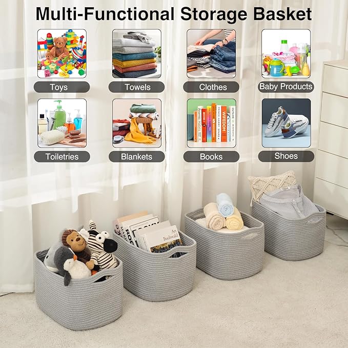 ICERZCZ Storage Baskets for Organizing & Shelves, Woven Cotton Rope Organization Bins for Dog Toys, Clothes, Books, Nursery Organizer, 15" Lx11 Wx9.5 H, (4 Packs) Grey