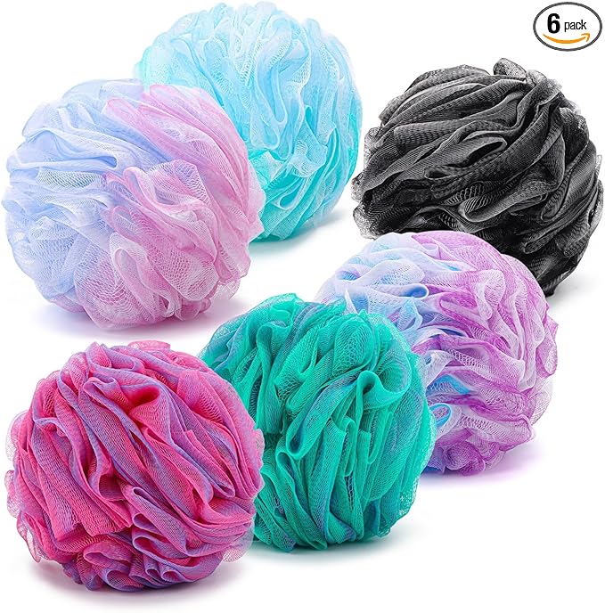 6 Pack Bath Loofah Sponge, 100g/pc XXL Large Mesh Pouf Shower Sponge Exfoliating Body Scrubber Shower Scrunchies