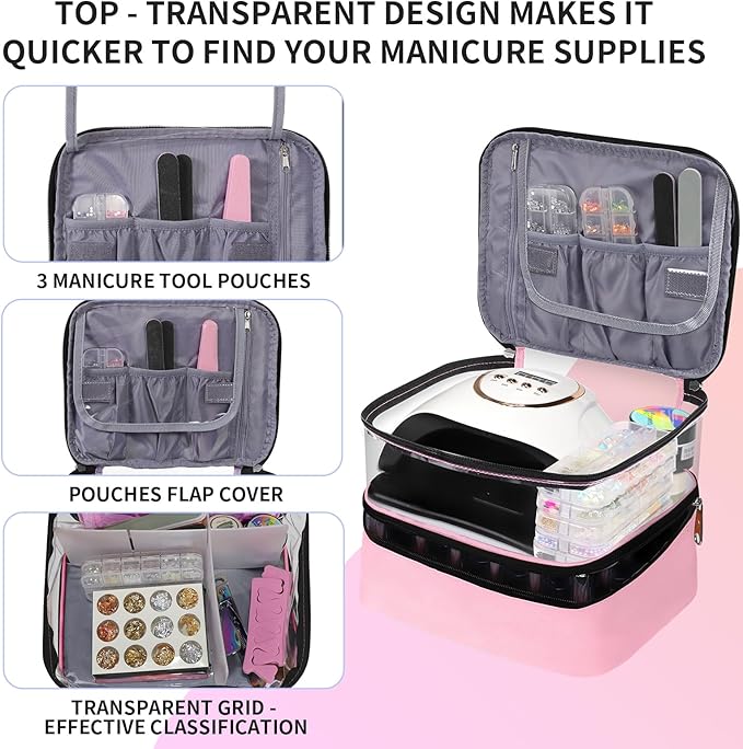 Clear Nail Polish Organizer Double layer Nail Polish Holds 30 Bottles and Nail Lamp, Nail Dryer Case Storage Supplies with Adjustable Dividers, Portable Nail Carrying Bag for Nail Tech (Pink)